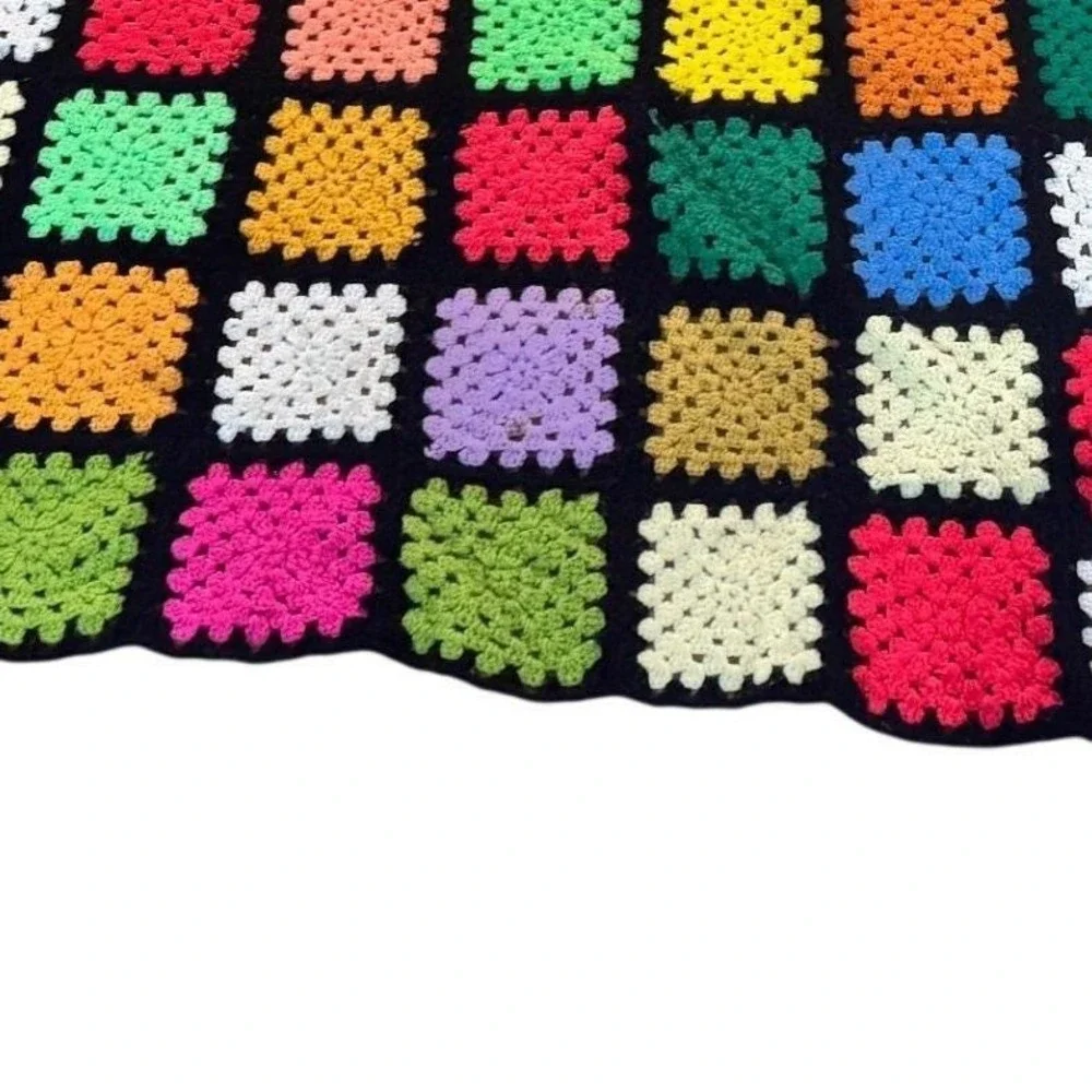 Crochet Granny Square Blanket Boho Multicolor Fringe Throw 100